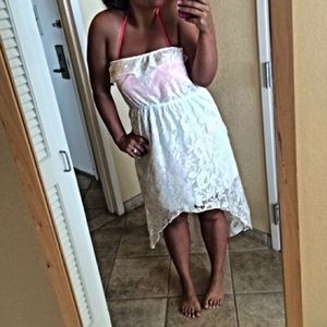 Strapless white, high-low dress with lace overlay